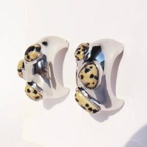 NEW Chunky Silver & Dalmatian Jasper Stone Statement Earrings